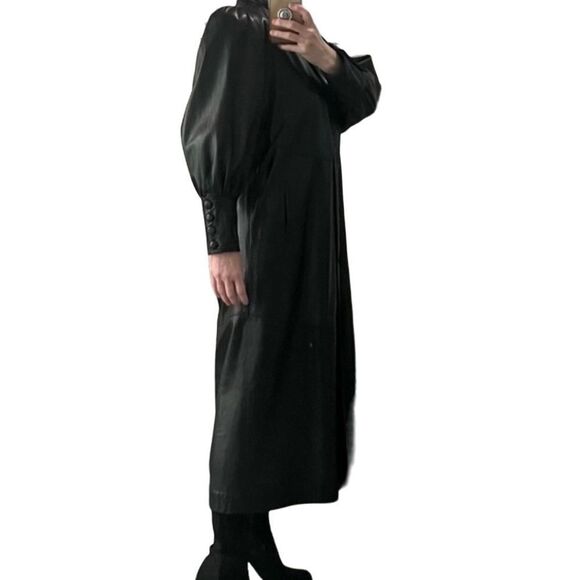 Vtg 80s Leather Coat Long Goth Whimsigoth Full Length Shoulder Pad Victorian L - Picture 2 of 15